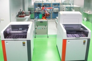  5 The laboratory automation system in the plant laboratory at Lengfurt consists of a pneumatic post terminal, a sample dividing system, two automatic pulverisers and a tablet press 