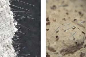  2 Images of autoclaved cellular concrete after bending and tensile tests; left: pull-out fibres, uniformly distributed over the entire fracture surface; right: AR-fibres coloured blue with CoO, uniformly distributed over the entire area 