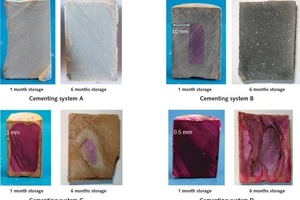  Optisches Erscheinungsbild (Färbung mittels Phenol­phthalein) von Zementprobenkörpern nach Lagerung in nassem CO2 über 1 und 6 Monate bei 90 °C und 400 bar Druck 