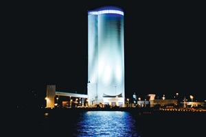 1 The multi-chamber silo with ship unloading station and bucket conveyor tower