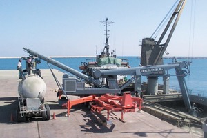 The is road-mobile ship unloader from IBAU is mounted on a trailer