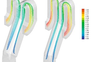 13 Petcoke particles’ residence time in the riser duct (a = Base case, b = extended riser duct with lower burner location) [in sec.]