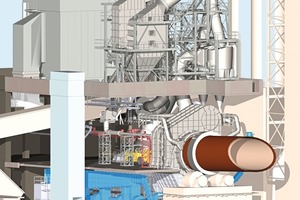1 3D Planning – cross section. The heat transfer system is located on the topmost platform. The entire plant could only be placed by stacking in the vertical direction