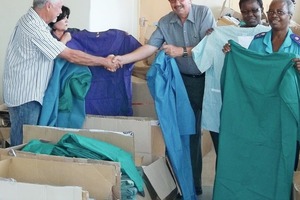 Happy about the donations: Dr. Pieter Pretorius, CEO of Tsumeb Private Hospital, Ansie Hanekom, Hospital Manager, Jose Lopes, Director of Tsumeb Private Hospital, Hendrina Hashipala, Receptionist, and Sister Shilongo