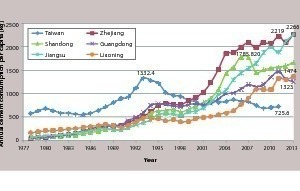 6 Development trend of cement consumption per capita of the coastal developed areas in China