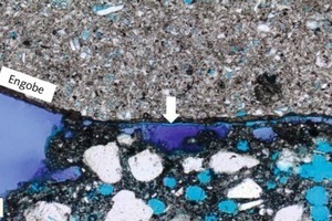 5 Adhesion crack (­arrow) starting from a hollow area that had been impregnated with dark-blue resin at the building site. The light-blue resin was impregnated under vacuum by the assistant in the laboratory and fills the air voids in the adhesive