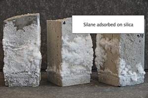 6 Illustration of salt transport through EN 196-1 mortar with no additive or with 0.25 % SHP 50 or with 0.25 % SHP 60+ vs. drymix weight (cement + sand) or with 0.25 % of different hydrophobic powders