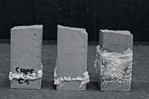 5 Illustration of salt transport through EN 196-1 mortar with no additive (C) or with 0.25 % SHP 50 (A) or with 0.25 % SHP 60+ (B) vs. drymix weight (cement + sand)Insert: schematic representation of the experimental set up