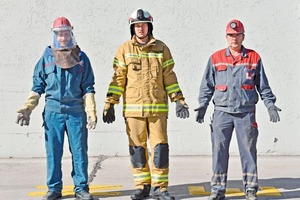 5 (left) A complete heat protection suit has to be worn for special work at the preheater, (middle) the personal protection equipment of the works fire brigade and (right) the standard working clothes with safety shoes, protective helmet, safety glasses and safety gloves