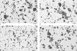 4 Images of microstructure of fresh cement pastes with superplasticizer at 5 min after mixing. a) Low Sp/C, 100×; b); Low Sp/C, 400×; c) High Sp/C, 100×; d) High Sp/C, 400×