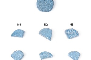 9 Appearance of blocks after natural ageing (top and cross section view) of mortar blocks modified with different additives after two years natural ageing in Barcelona. Trends are identical when CEM III cement is used (series IX). White spots are due to the aggregates