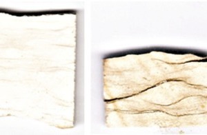 8 Images of limestone (left) and lime of origin W after burning at 1000 °C (2nd from left.), 1300 °C (3rd from left) and 1380 °C (right)