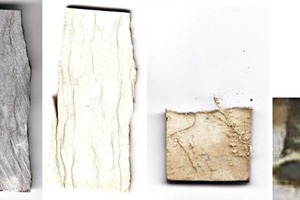 4 Images of limestone (left) and lime of origin S after burning at 1000 °C (2nd from left), 1300 °C (3rd from left) and 1380 °C (right)