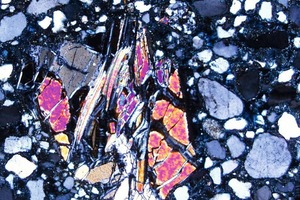 16 Detail image of an olivine from specimen W16 obtained with crossed polarizers