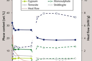 3 Phase composition during hydration: cement 0.00 (left) and cement 1.12 (right)