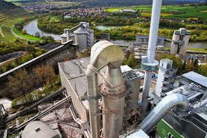 Panorama of the 70-m-high heat exchanger tower. The Lengfurt cement plant has been a feature in the region since 1899, the aspects of environmental protection and energy efficiency are firmly anchored in the company philosophy