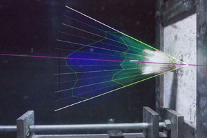 1 Triple-exposed image obtained with a high-speed camera, rotated by a 1.2° angle of incidence, with projected mask and traced measuring points