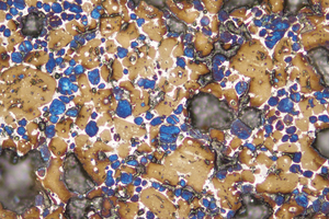 3 Micrographs of clinkers, distribution of alite and belite grains (a) CL-1 (20x), (b) CL-2 (10x)