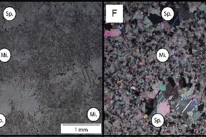 8 Petrographic microscope images of limestone (Northern Cape) sample Y (4 x magnification (E) plain polarised light and (F) cross polarised light)