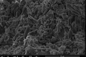 5 The influence of accelerators on the SEM images of hardened gypsum slurry; a) control sample; b) LS; c) NS; d) KS