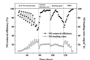 12 Profile of NO removal efficiency and elimination capacity after start-up of RDB [33]