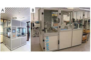 The polabCal in the prototype version and the final design for lab automation. The improved internal design improved analytical reliability and decreased the foot print