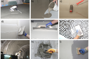 1 Examples of fast-setting mortars and concretes with various additional properties as listed above. a) Screed, b) self-leveling underlayment, c) self-leveling underlayment de-aired by spike-roll, d) gypsum jointing compound, e) tile adhesive, f) tile grout, g) shotcrete, h) repair mortar, i) waterproofing membrane