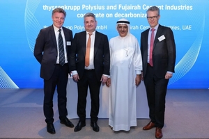 Frank Ruoss, CSO thyssenkrupp Polysius, Miguel Ángel López Borrego, CEO thyssenkrupp AG, A.G. Behroozian, represents the Government of Fujairah as Board of Director in Fujairah Cement and Pablo Hofelich, CEO thyssenkrupp Polysius (from left to right)
