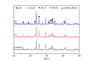 8 XRD patterns of SAC pastes with styrene-acrylic latex at different ages(a) 6 h(b) 28 d