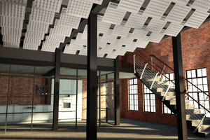 10 Software-generated visualisation of a possible arrangement of GIPSTEX lightweight elements on the ceiling when converting industrial buildings [19]