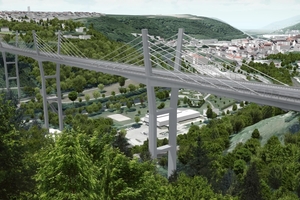2 This is what the bridge will look like after completion. The pylons serve as fixed anchors for the stay cables, which are arranged parallel to each other in a harp shape on each side of the bridge